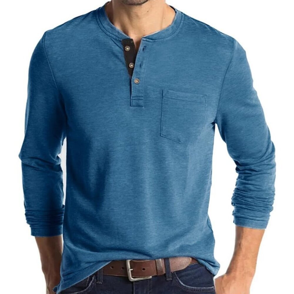 Men's Blue Casual Long Sleeve Fashion Button Henley T Shirts